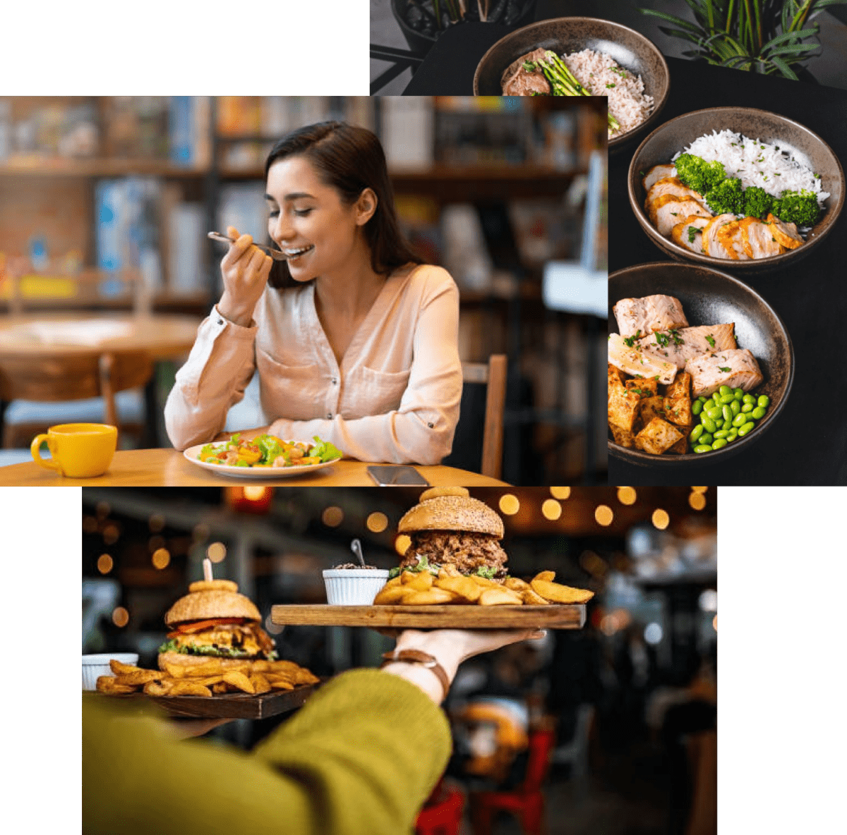 Woman enjoying food, meals in storage container, and food bowls on a table